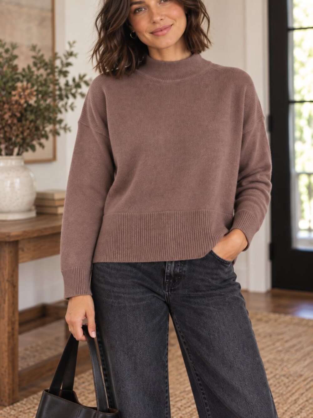 Everlane 100% Cashmere Mock Neck Sweater Medium Mauve Brown Relaxed